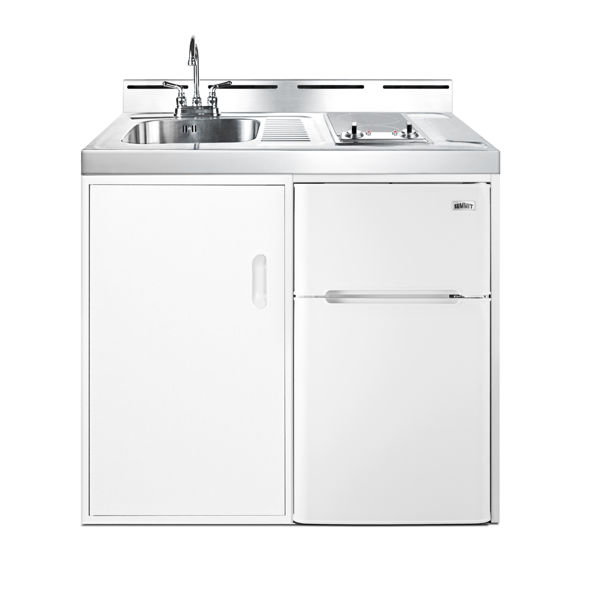 39 inch wide all-in-one kitchenette with 2-burner 115V smooth-top cooktop, refrigerator-freezer, sink, and storage cabinet